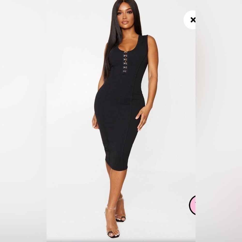 Pretty Little Thing Shape Black Crepe Eyelet Detail Midi Dress Size 10 NWT